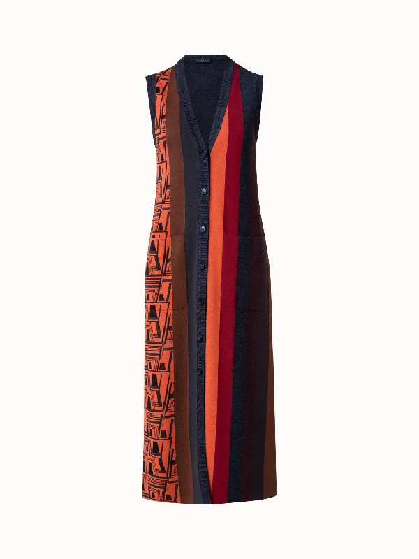 Wool Silk Jacquard Knit Long Gilet