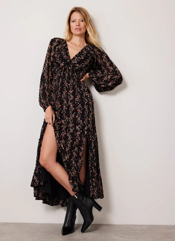 Black Floral Print Shirred Maxi Dress