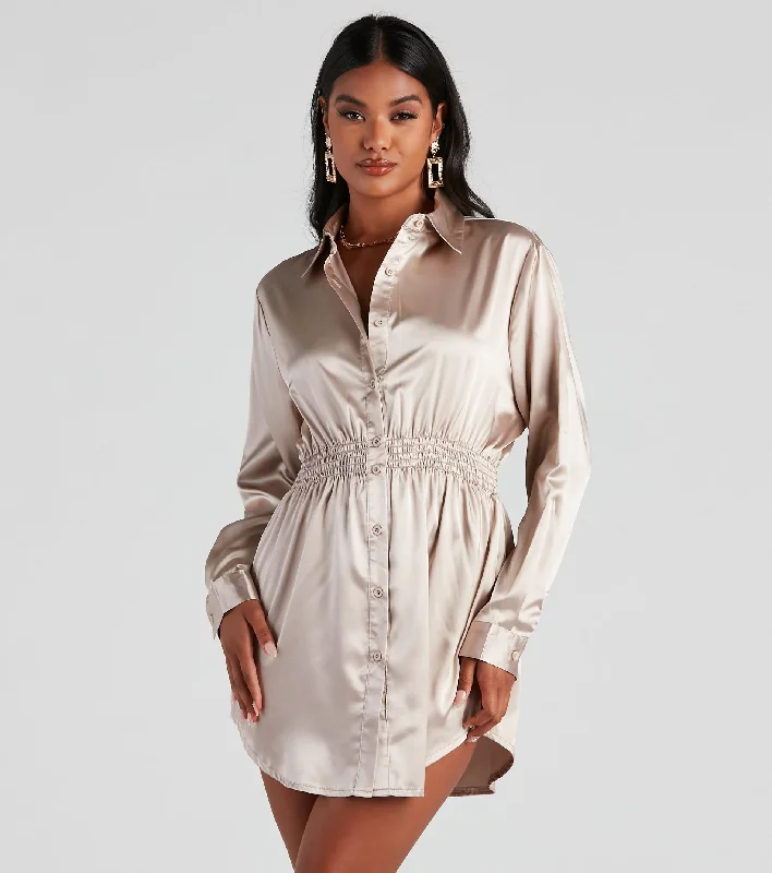 Fall Nights Satin Button-Up Short Dress