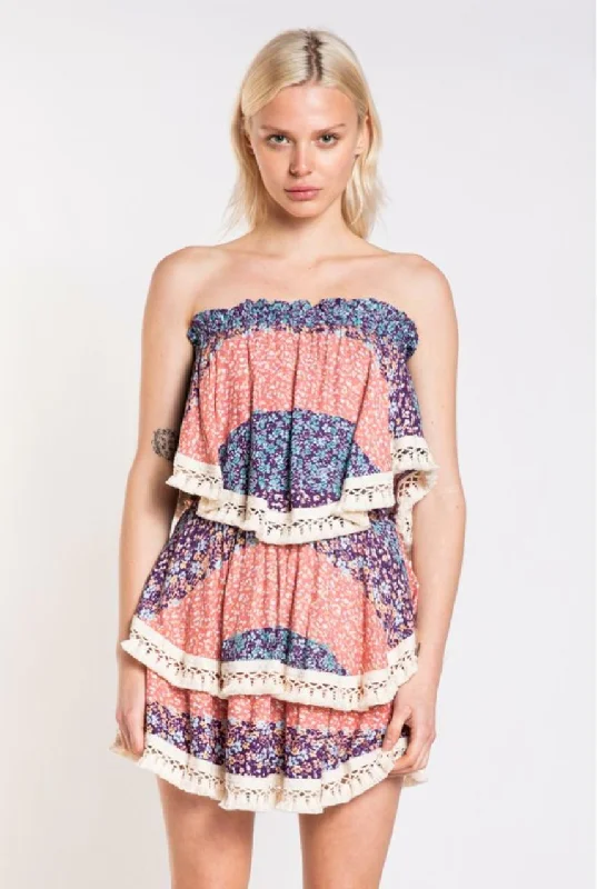 Summer Fields Blue and Blush Floral Print Strapless Two-Piece Set